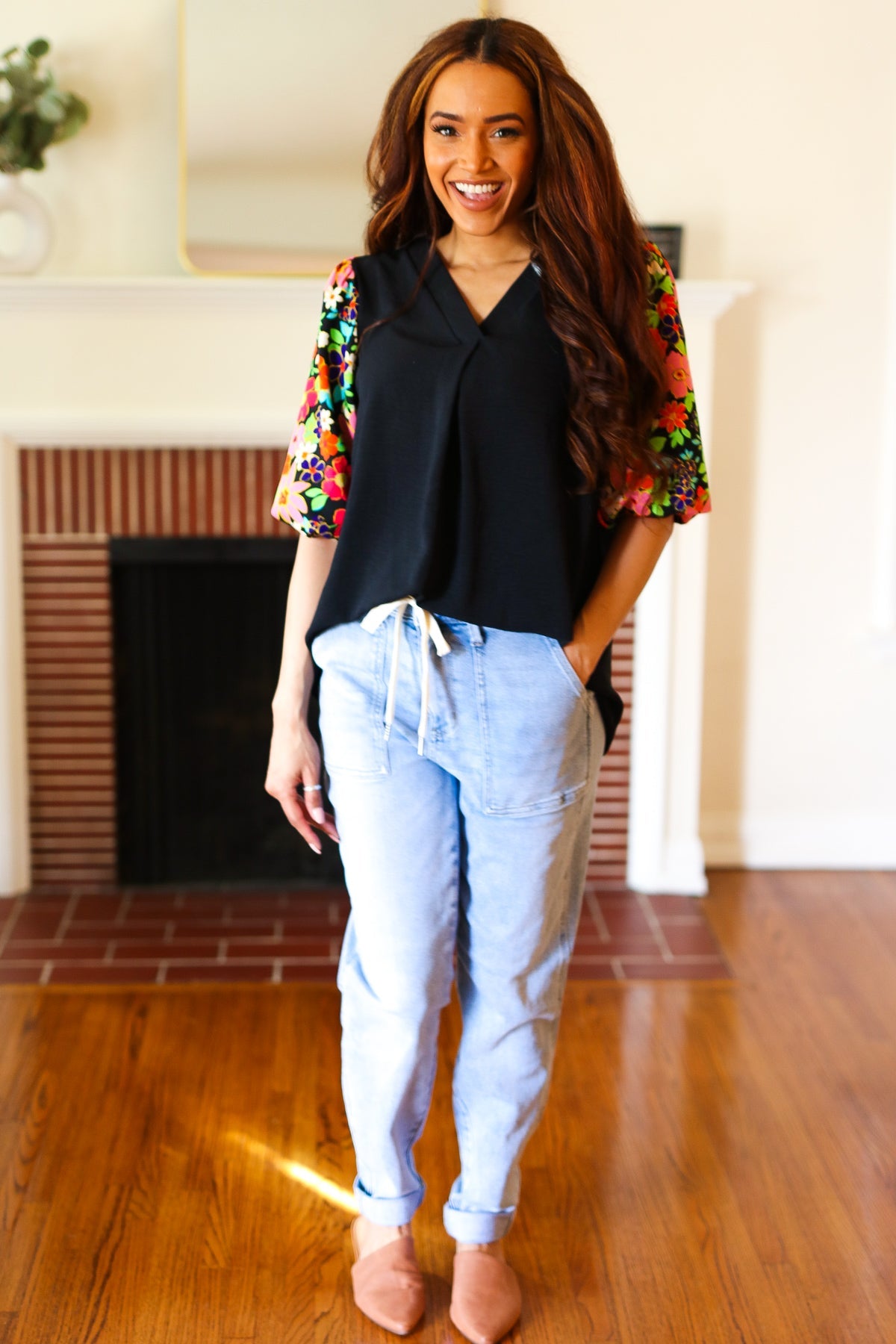 Black Floral Puff Sleeve V Neck Top