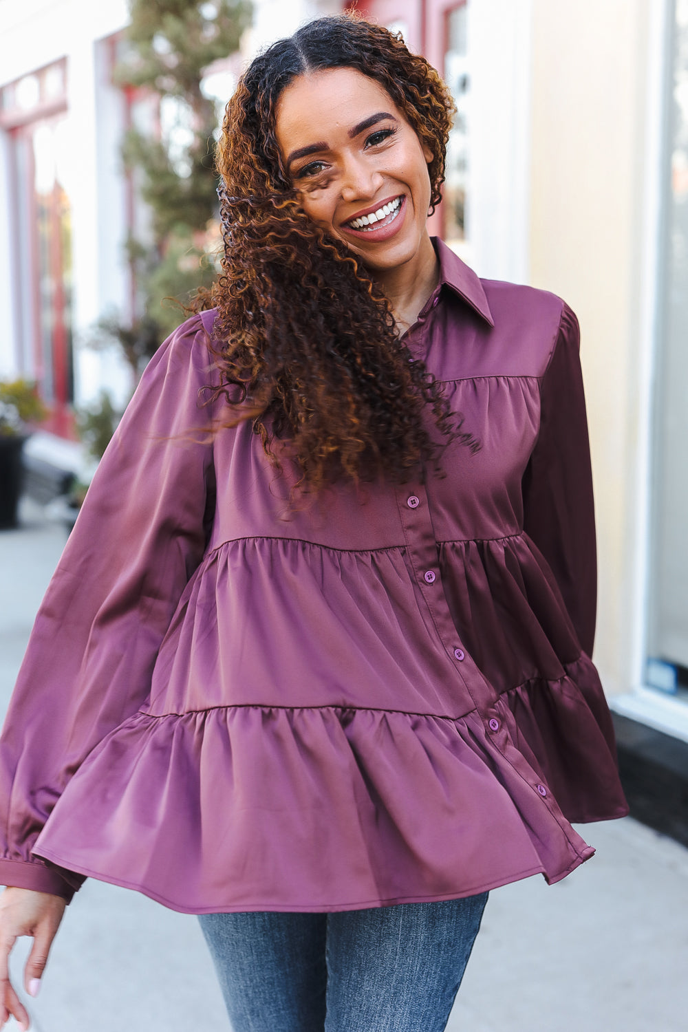 Burgundy Button Down Tiered Babydoll Satin Top