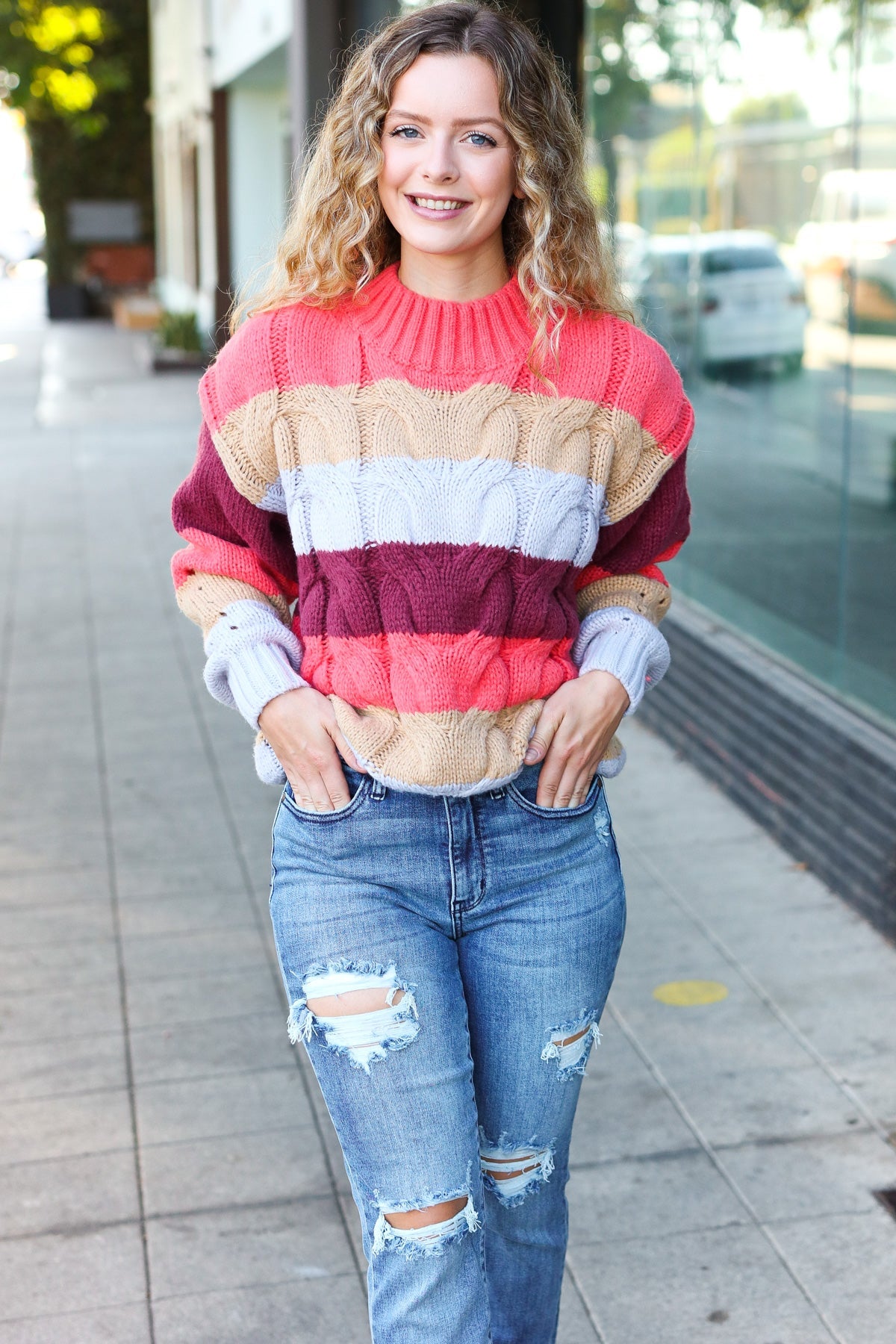 Rust Multicolor Stripe Cable Knit Mock Neck Sweater