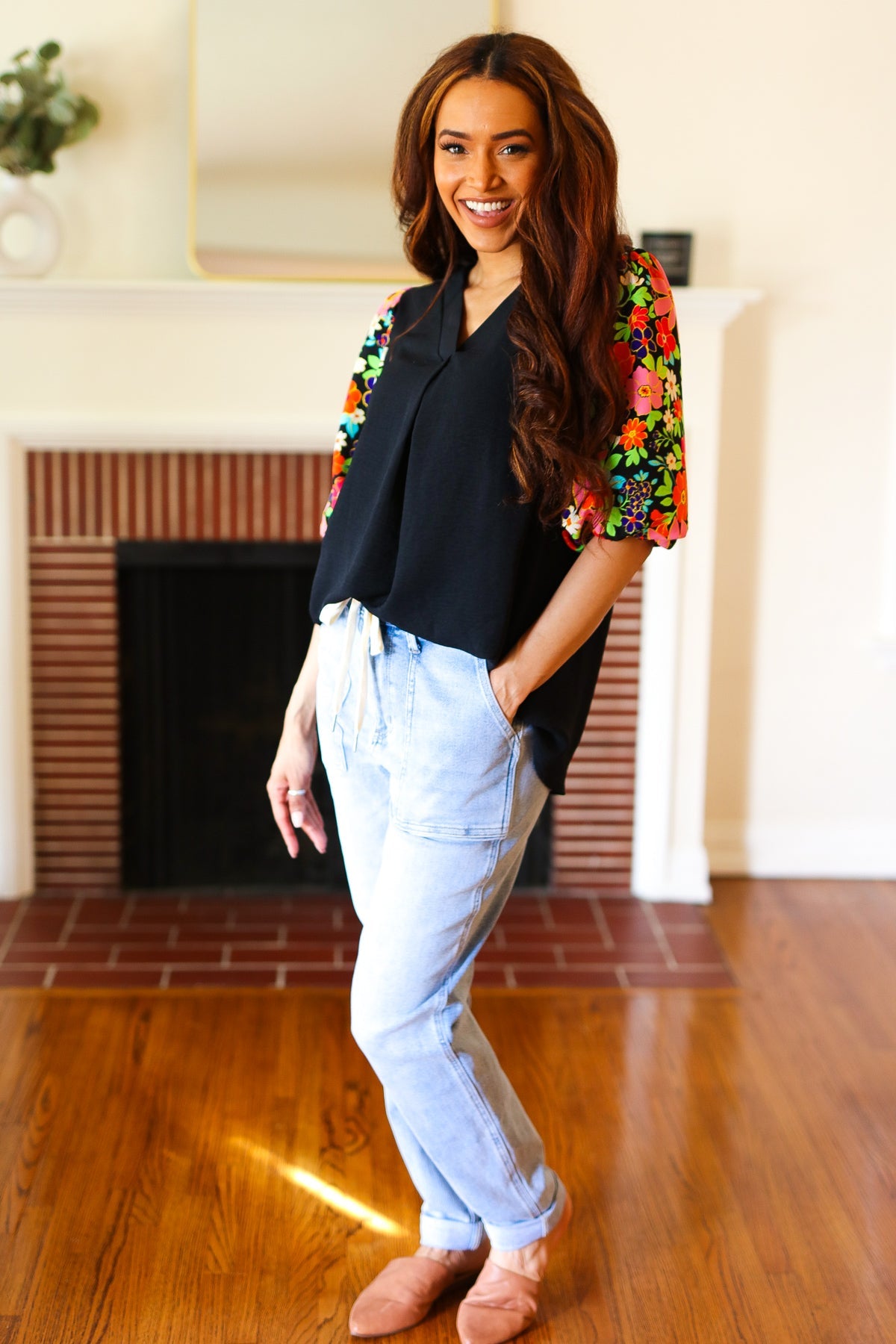 Black Floral Puff Sleeve V Neck Top