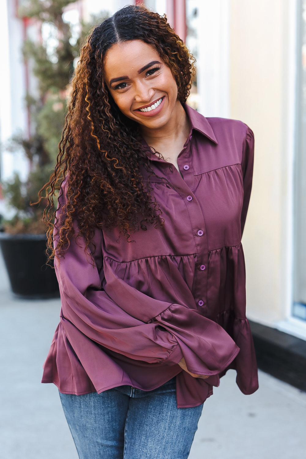 Burgundy Button Down Tiered Babydoll Satin Top