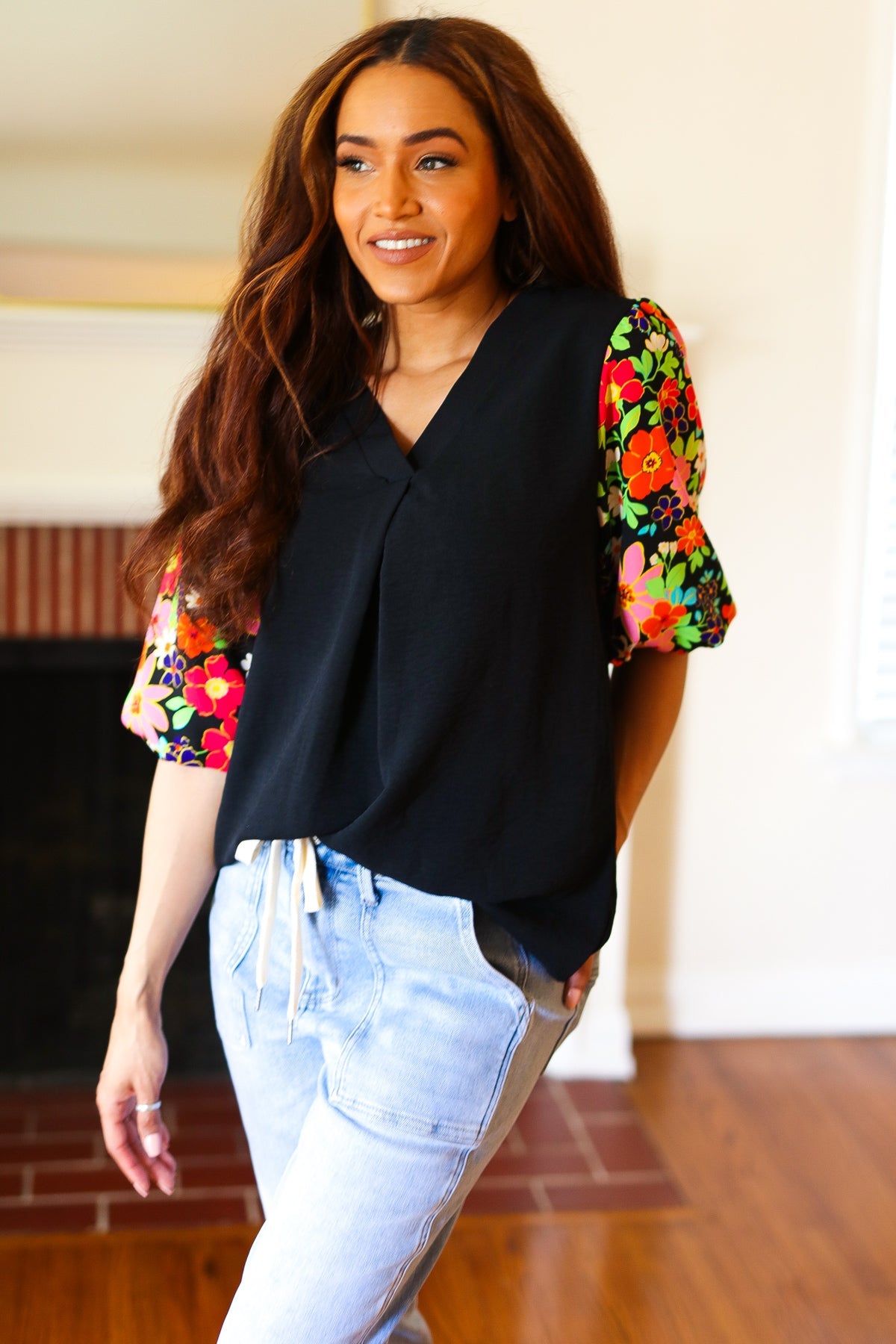 Black Floral Puff Sleeve V Neck Top