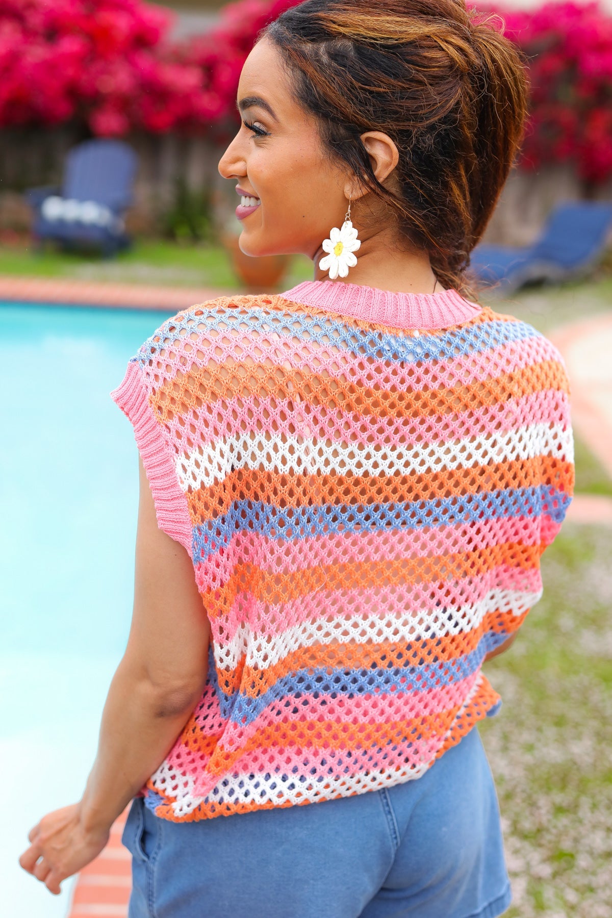 Pink & Blue Striped Netted Crochet Dolman Sweater Top