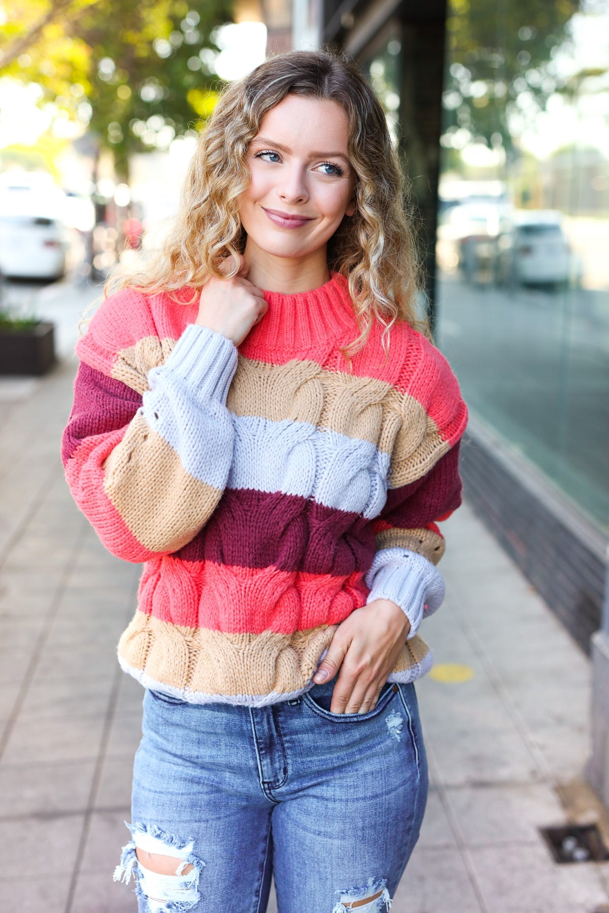 Rust Multicolor Stripe Cable Knit Mock Neck Sweater