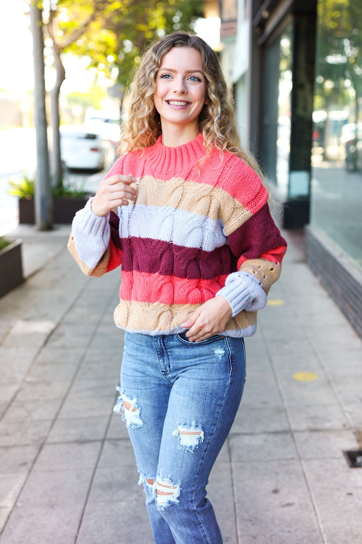 Rust Multicolor Stripe Cable Knit Mock Neck Sweater