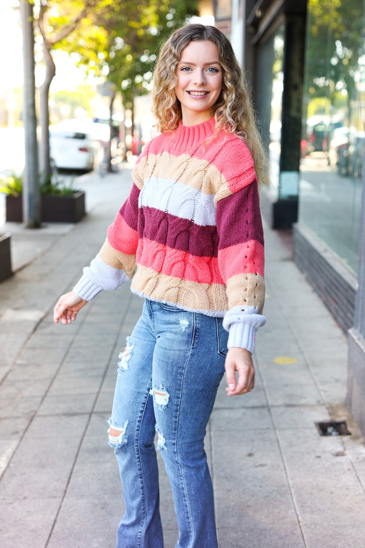 Rust Multicolor Stripe Cable Knit Mock Neck Sweater