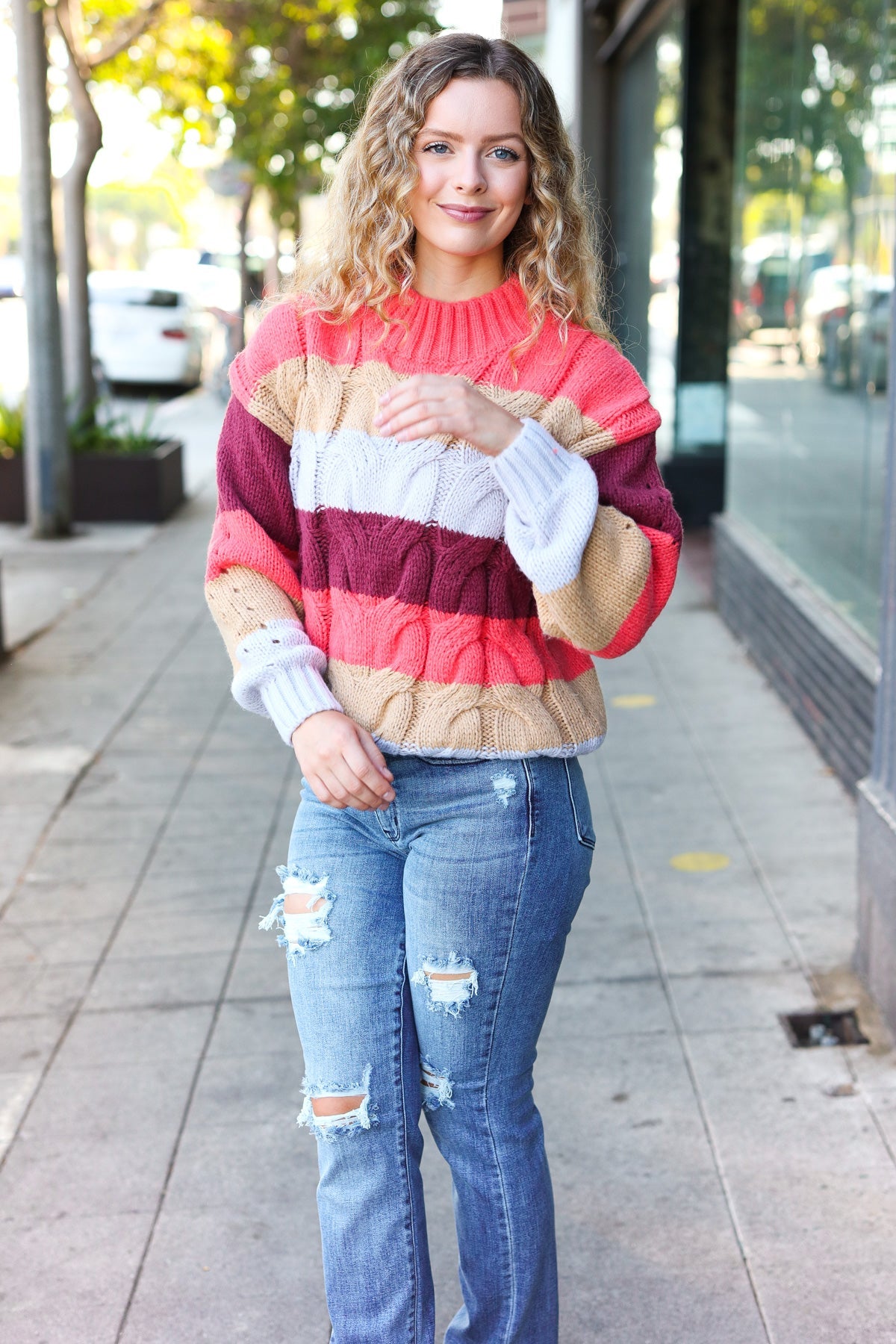 Rust Multicolor Stripe Cable Knit Mock Neck Sweater