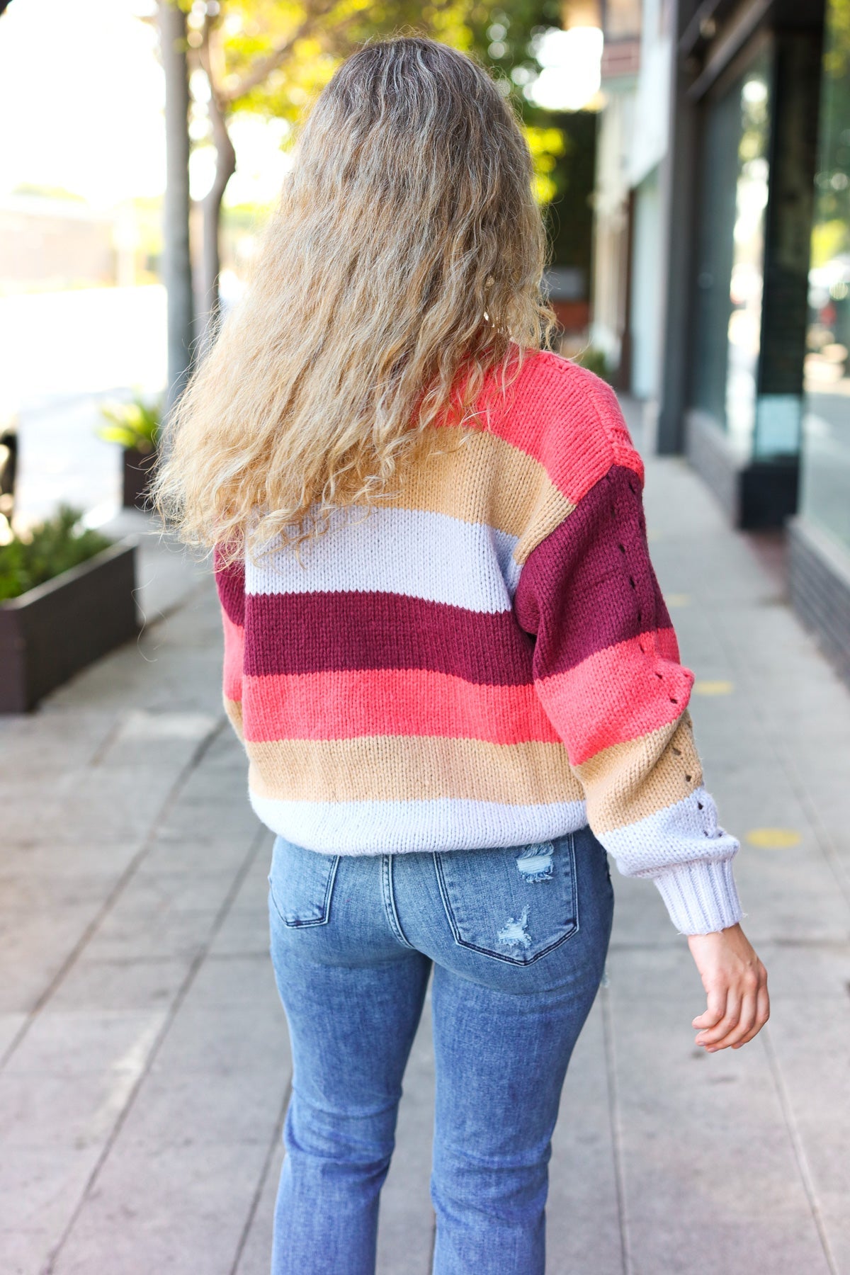 Rust Multicolor Stripe Cable Knit Mock Neck Sweater