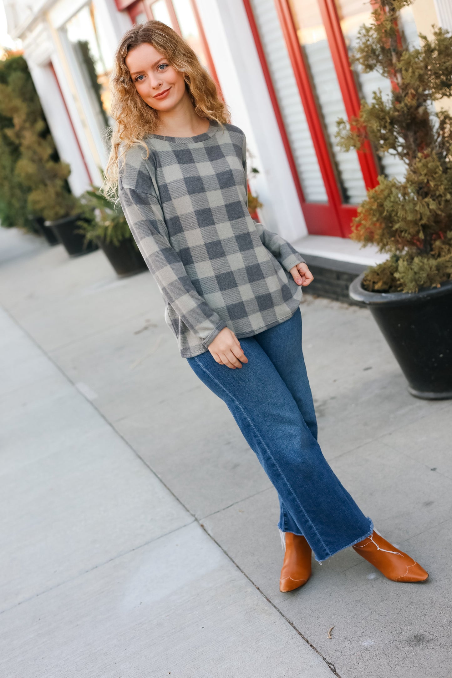 Olive Grey Checker Plaid Hacci Pullover