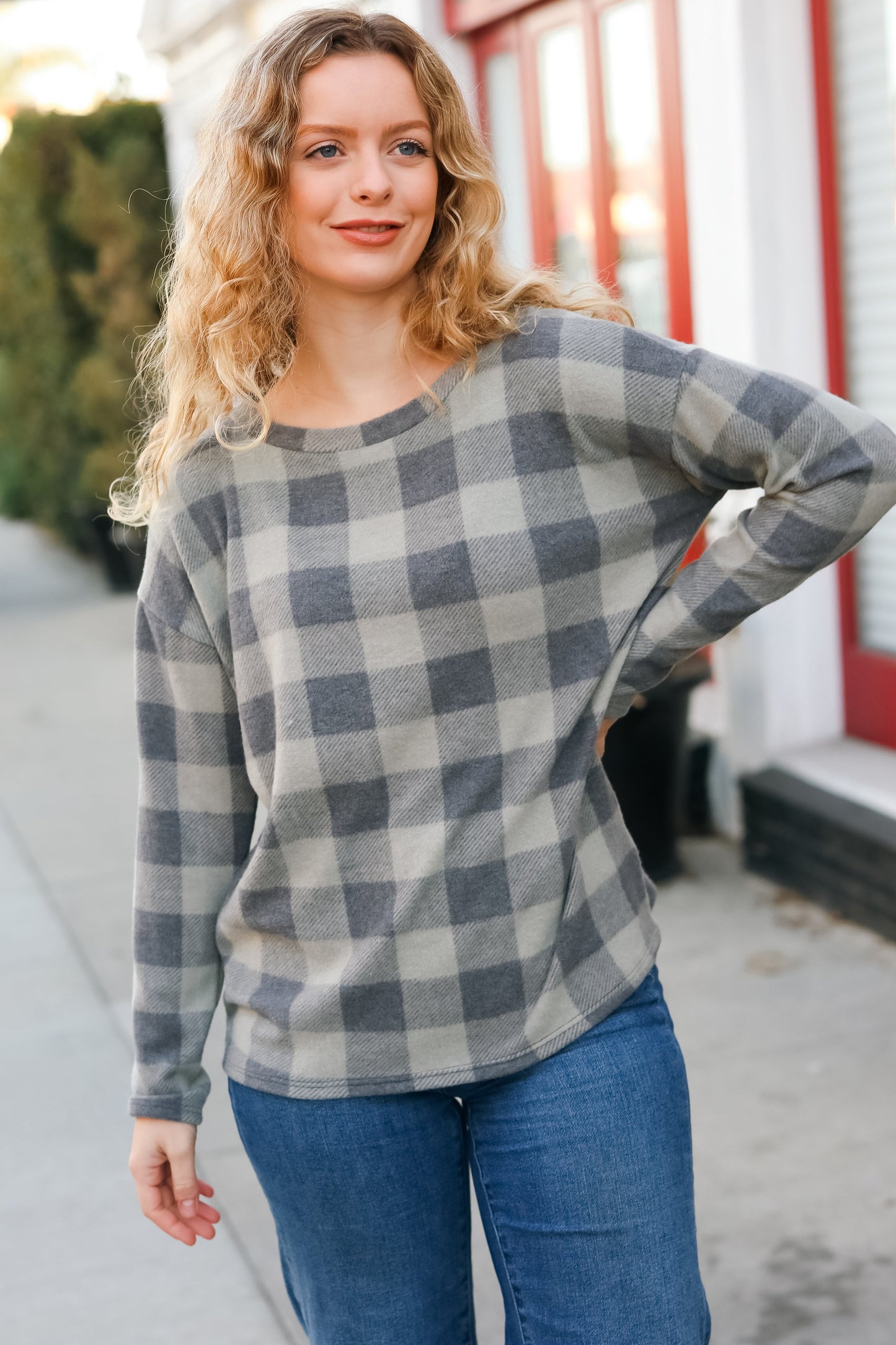 Olive Grey Checker Plaid Hacci Pullover