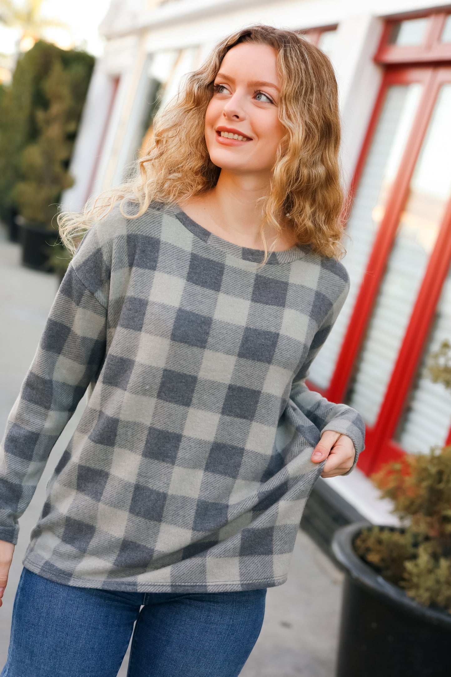 Olive Grey Checker Plaid Hacci Pullover