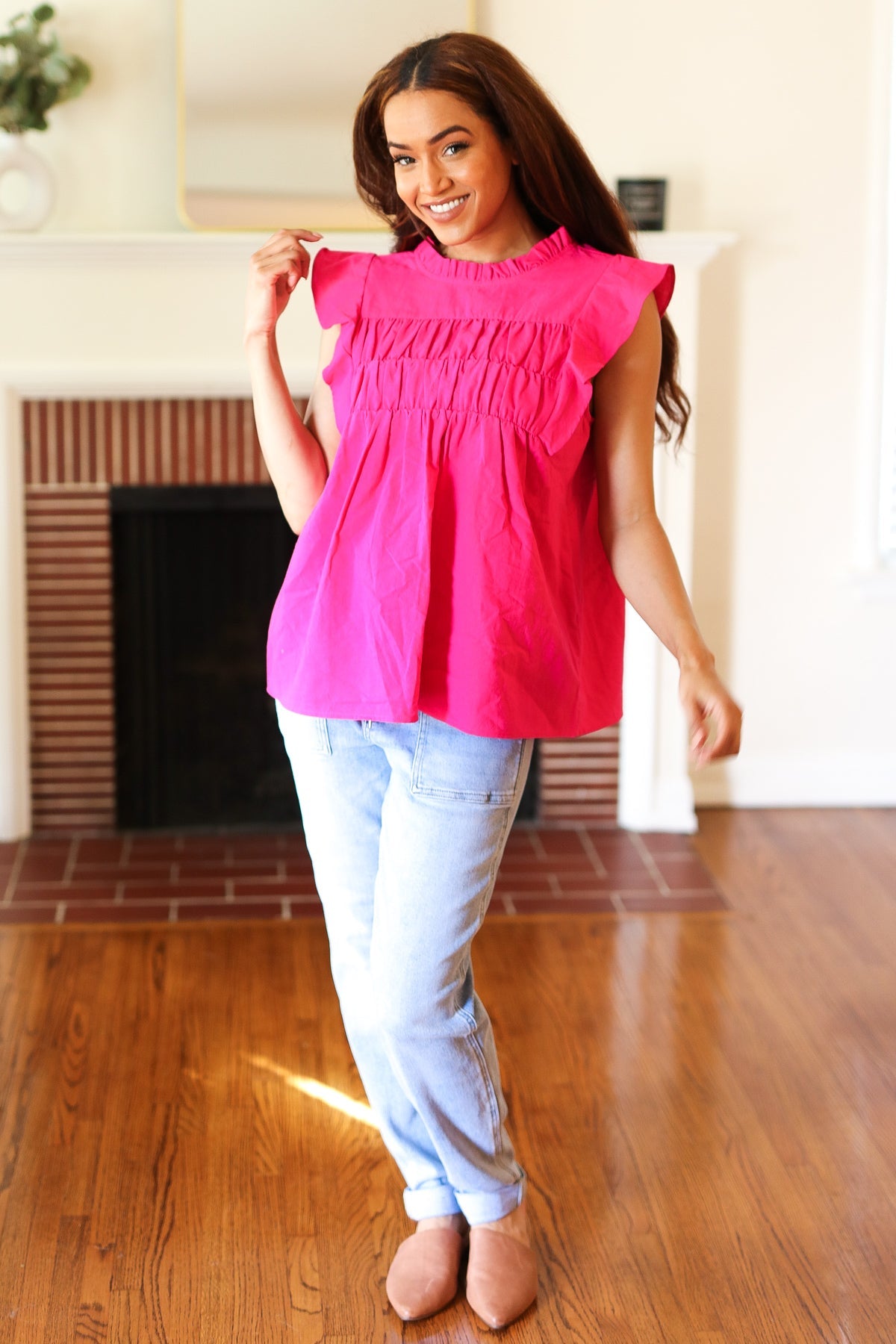 Cotton Fuchsia Frill Mock Neck Flutter Sleeve Top