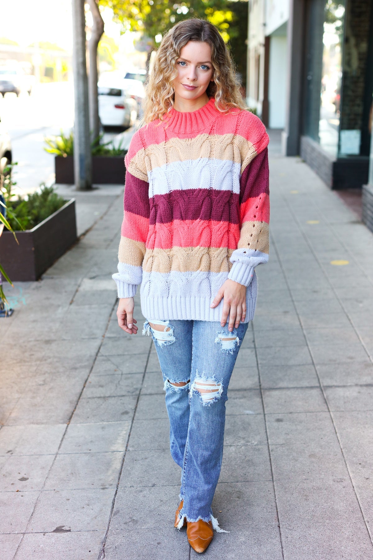 Rust Multicolor Stripe Cable Knit Mock Neck Sweater