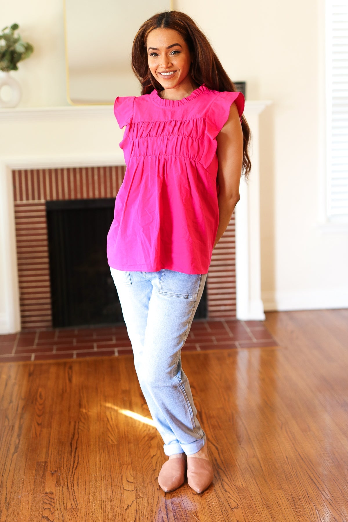 Cotton Fuchsia Frill Mock Neck Flutter Sleeve Top