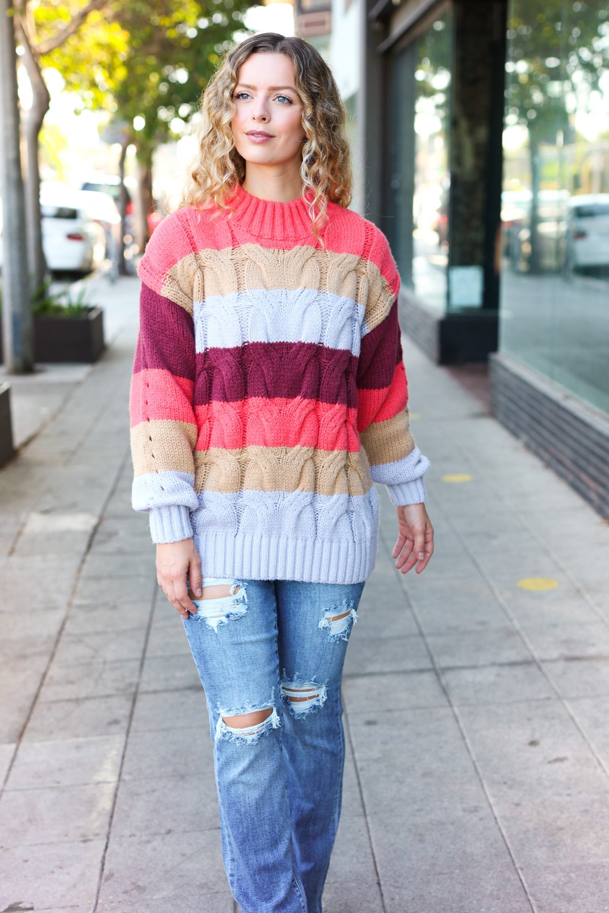 Rust Multicolor Stripe Cable Knit Mock Neck Sweater