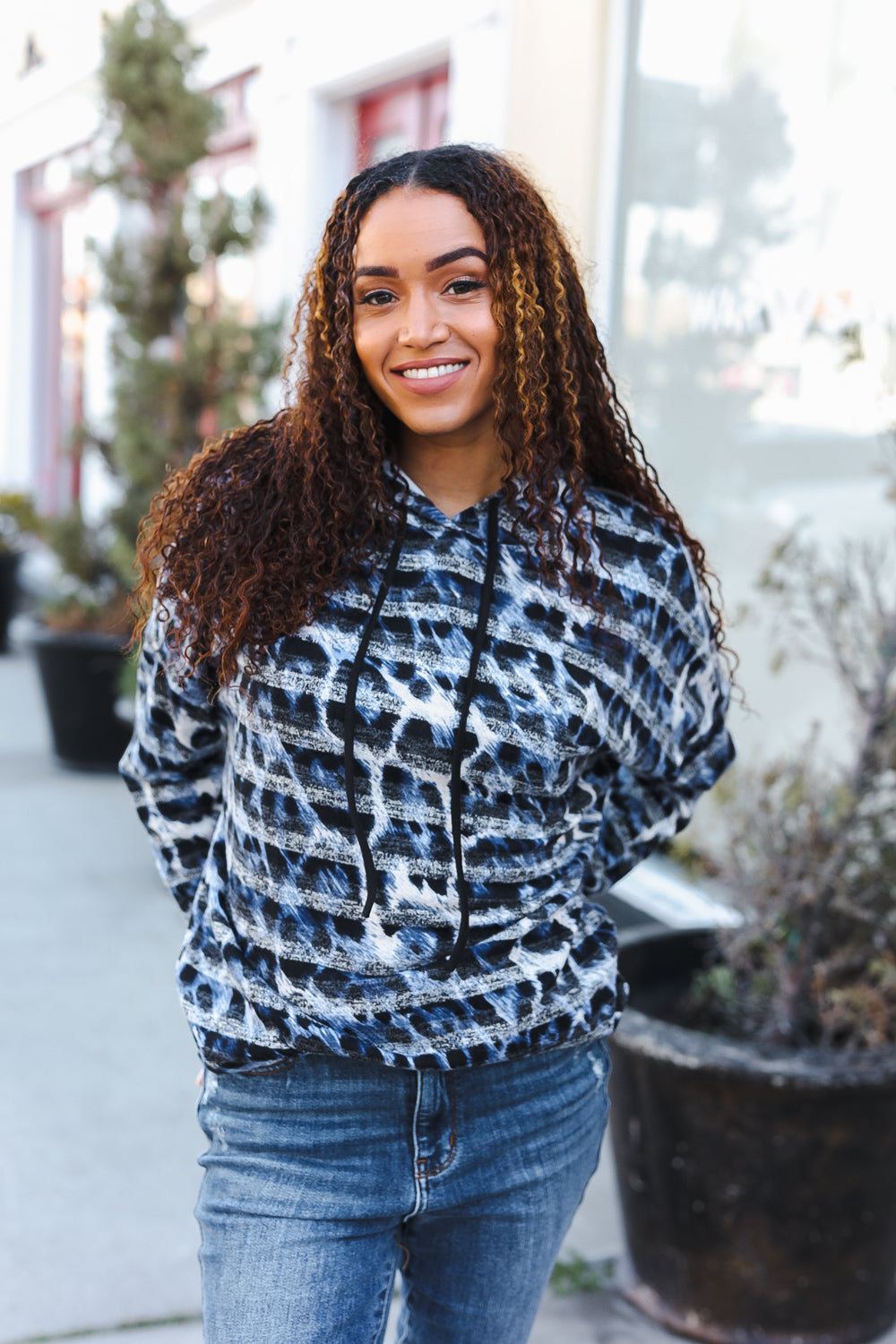 Blue & Black Animal Print Stripe Hoodie