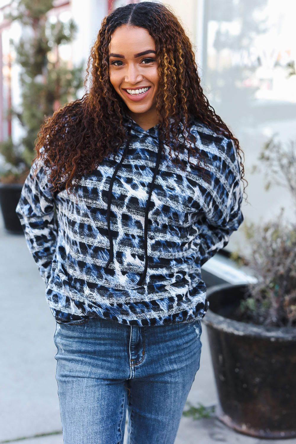 Blue & Black Animal Print Stripe Hoodie