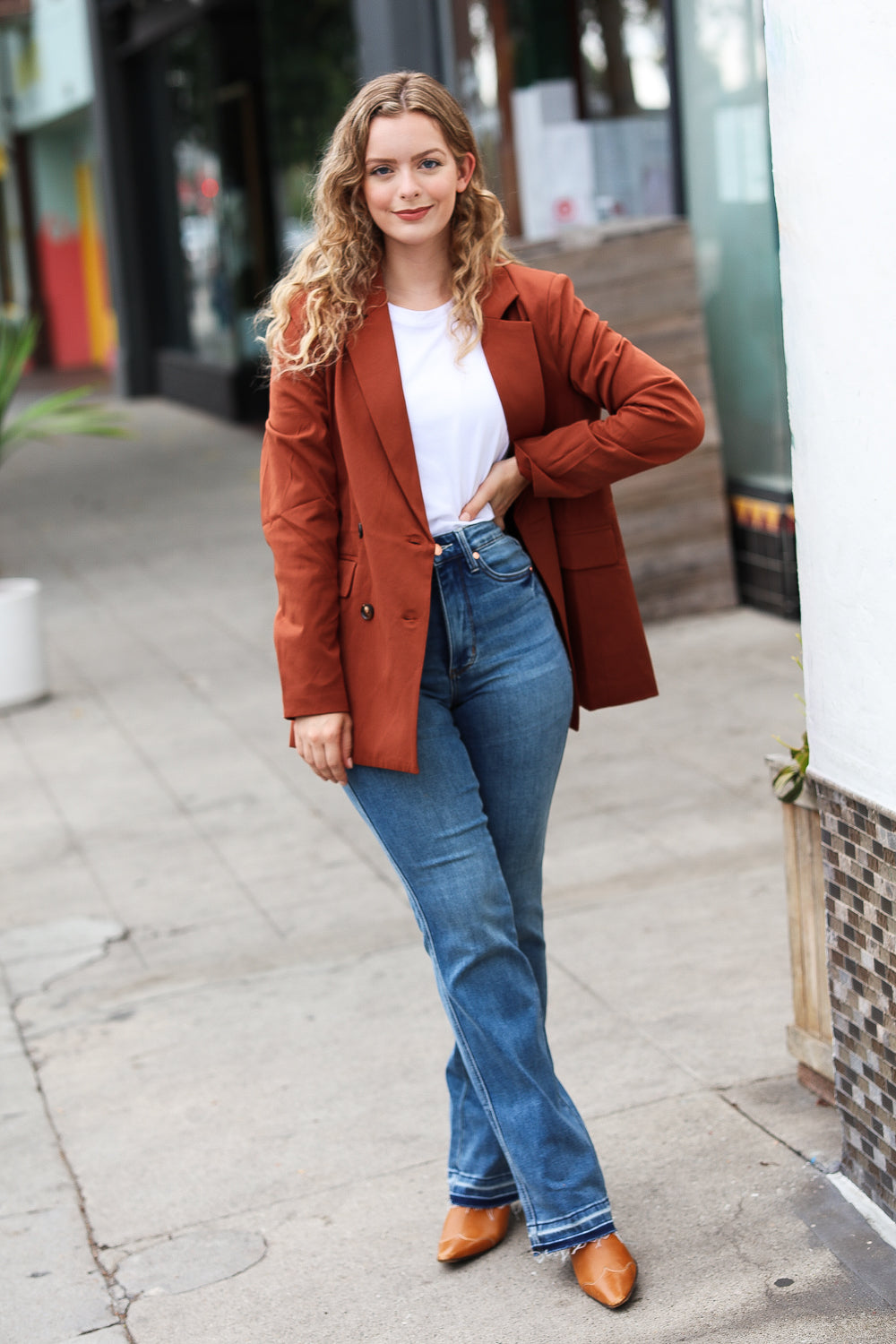 Rust Double Button Collar Lapel Blazer