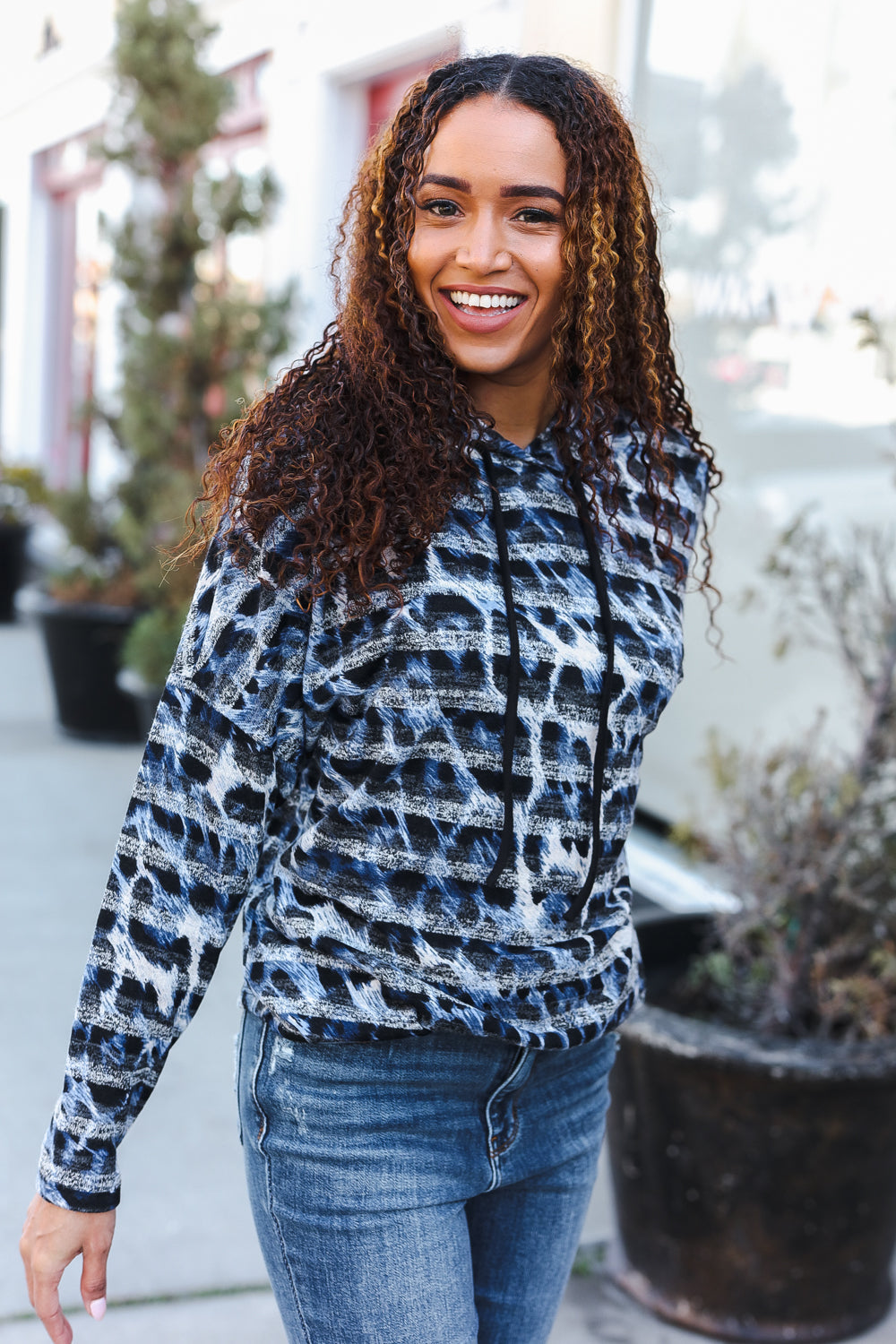 Blue & Black Animal Print Stripe Hoodie