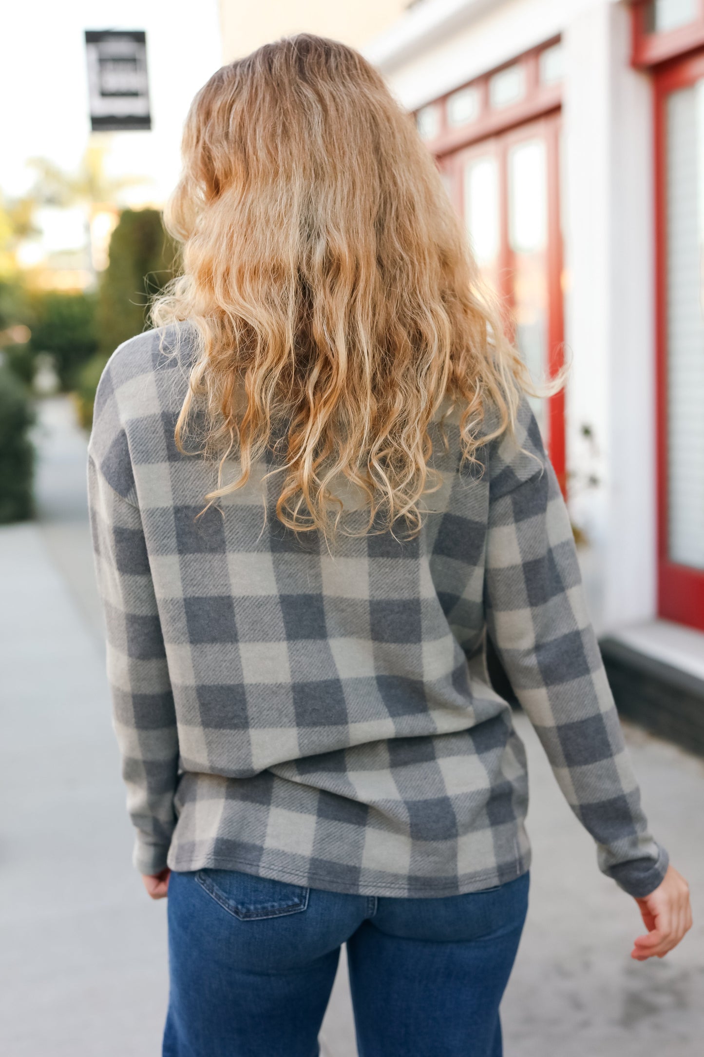 Olive Grey Checker Plaid Hacci Pullover