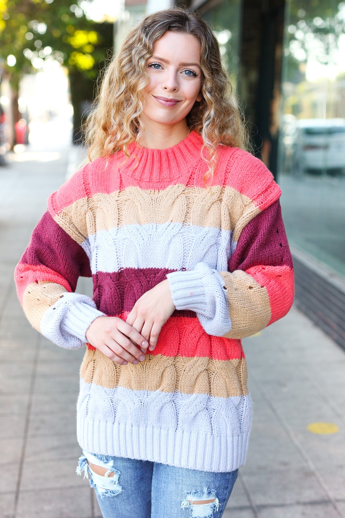 Rust Multicolor Stripe Cable Knit Mock Neck Sweater