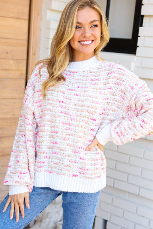 Cream & Pink Tweed Knit Sweater