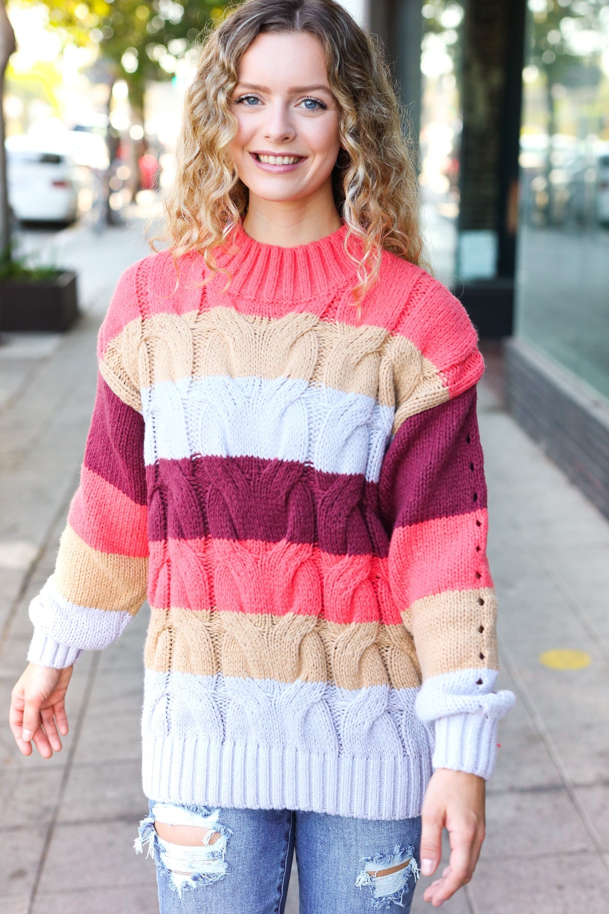 Rust Multicolor Stripe Cable Knit Mock Neck Sweater