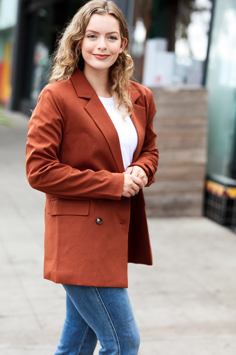 Rust Double Button Collar Lapel Blazer