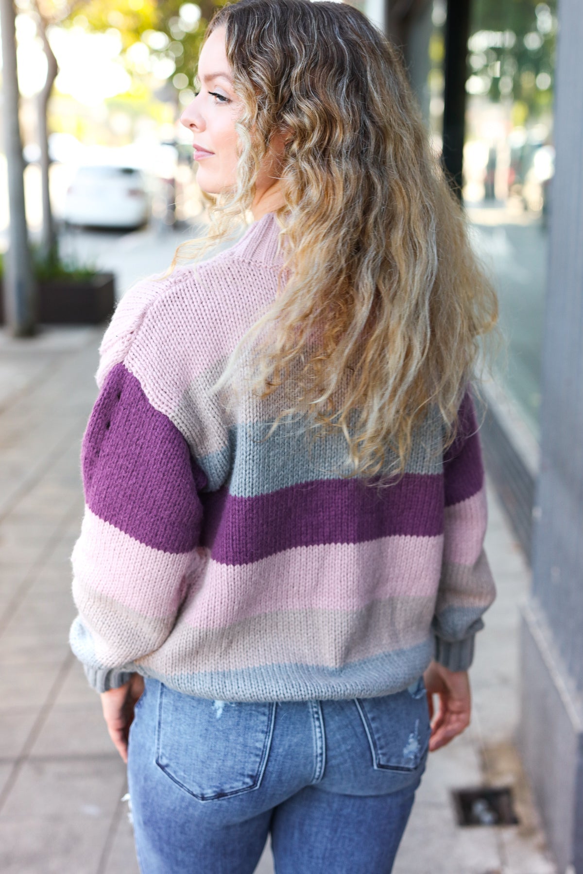 Mauve Multicolor Stripe Cable Knit Mock Neck Sweater