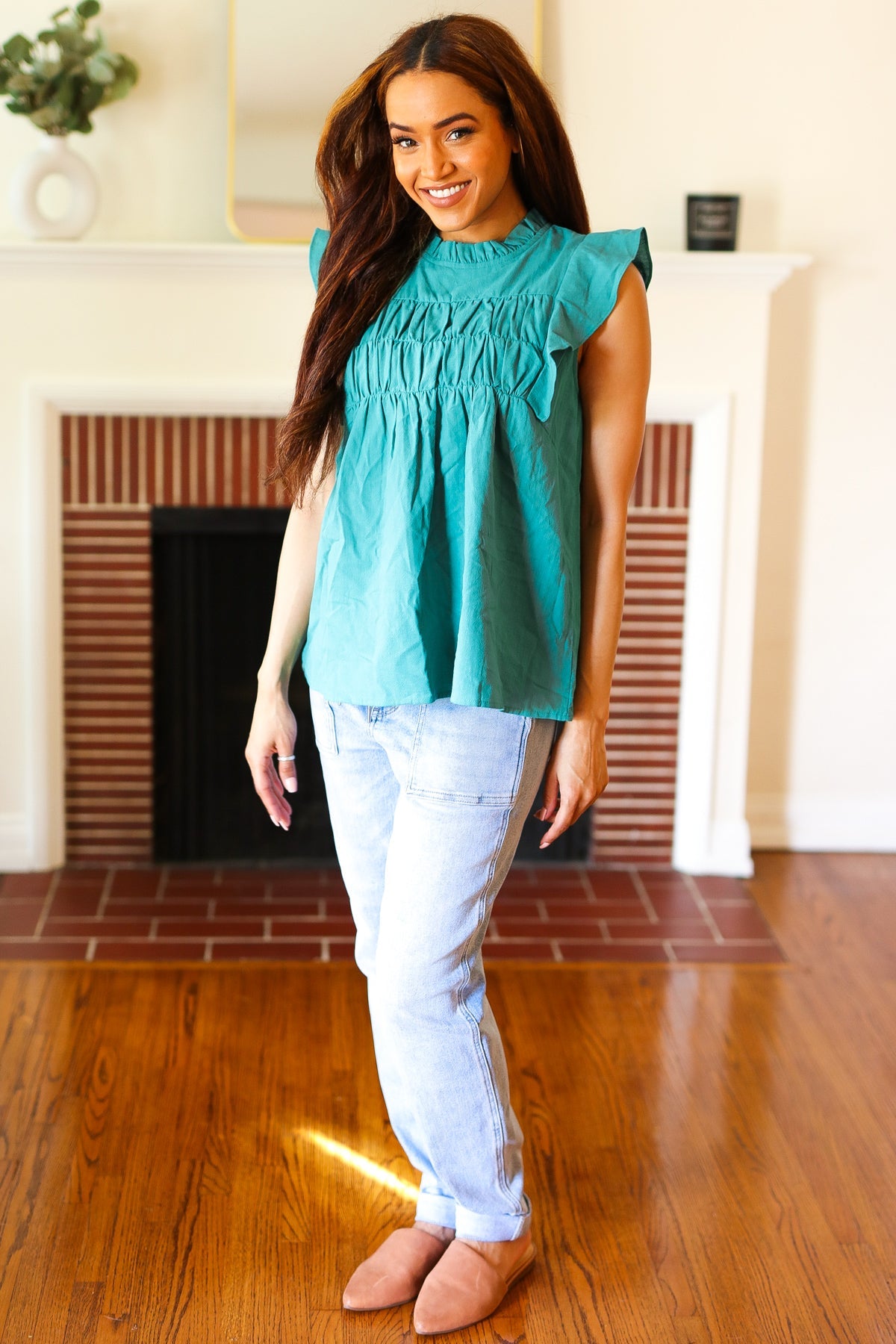 Cotton Turquoise Frill Mock Neck Flutter Sleeve Top