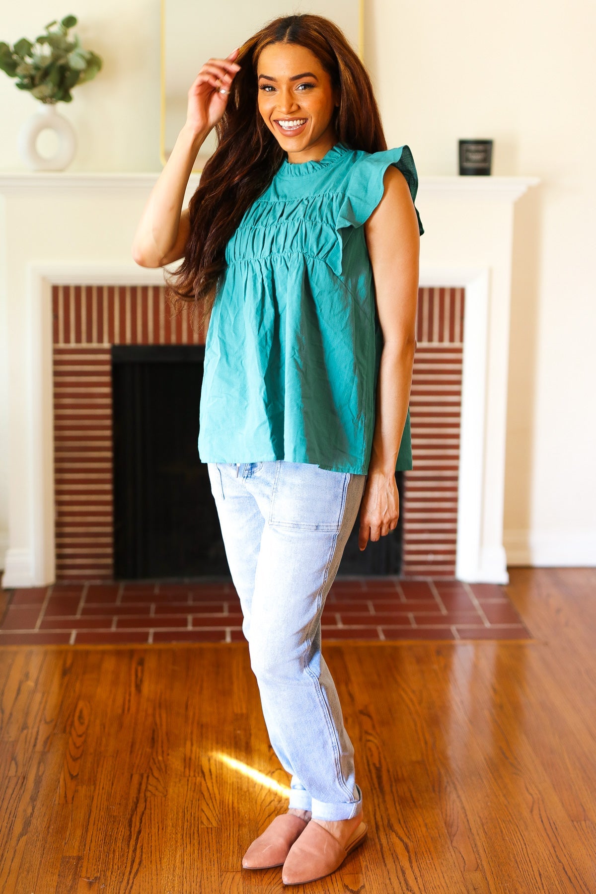 Cotton Turquoise Frill Mock Neck Flutter Sleeve Top