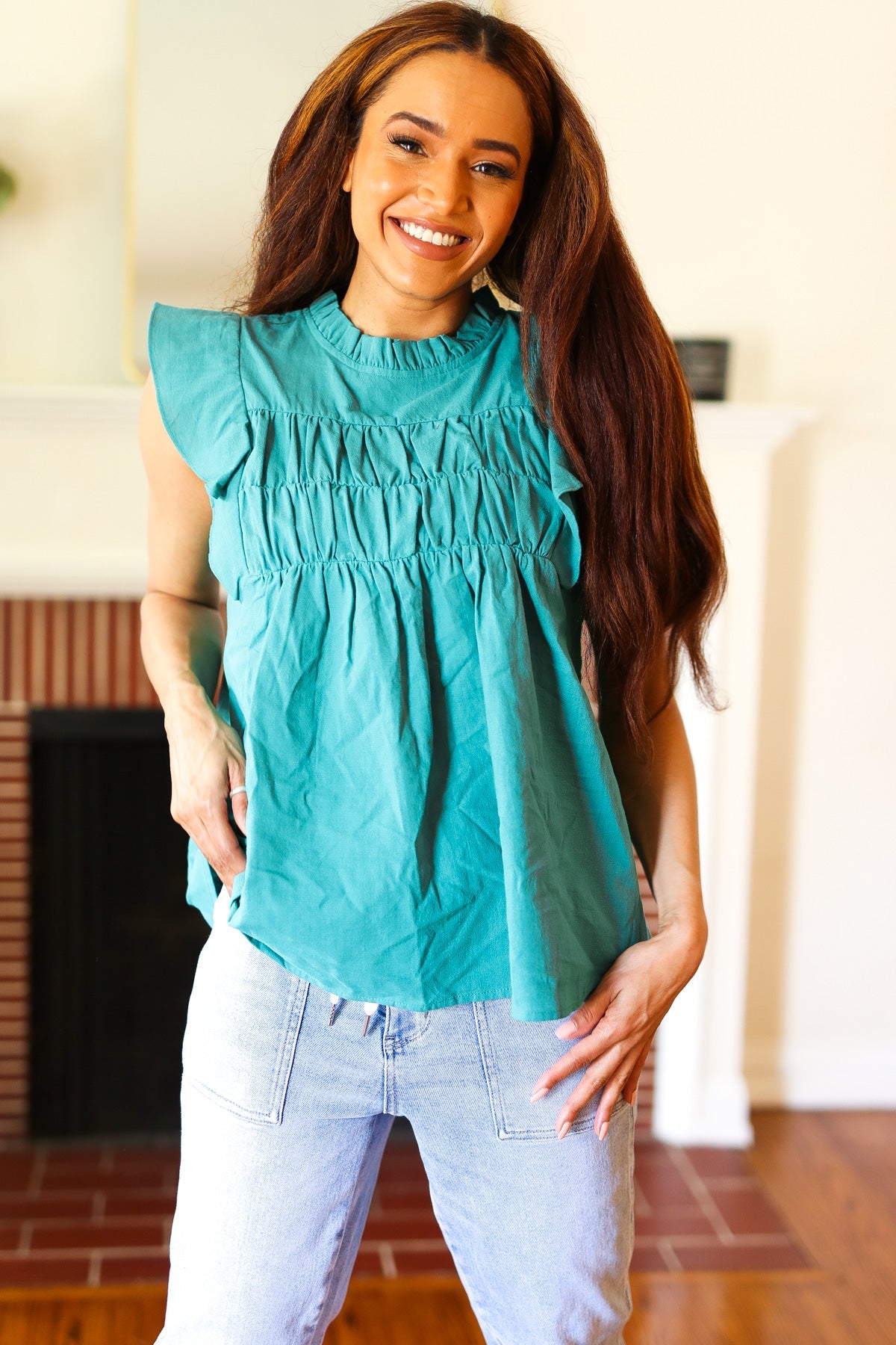 Cotton Turquoise Frill Mock Neck Flutter Sleeve Top