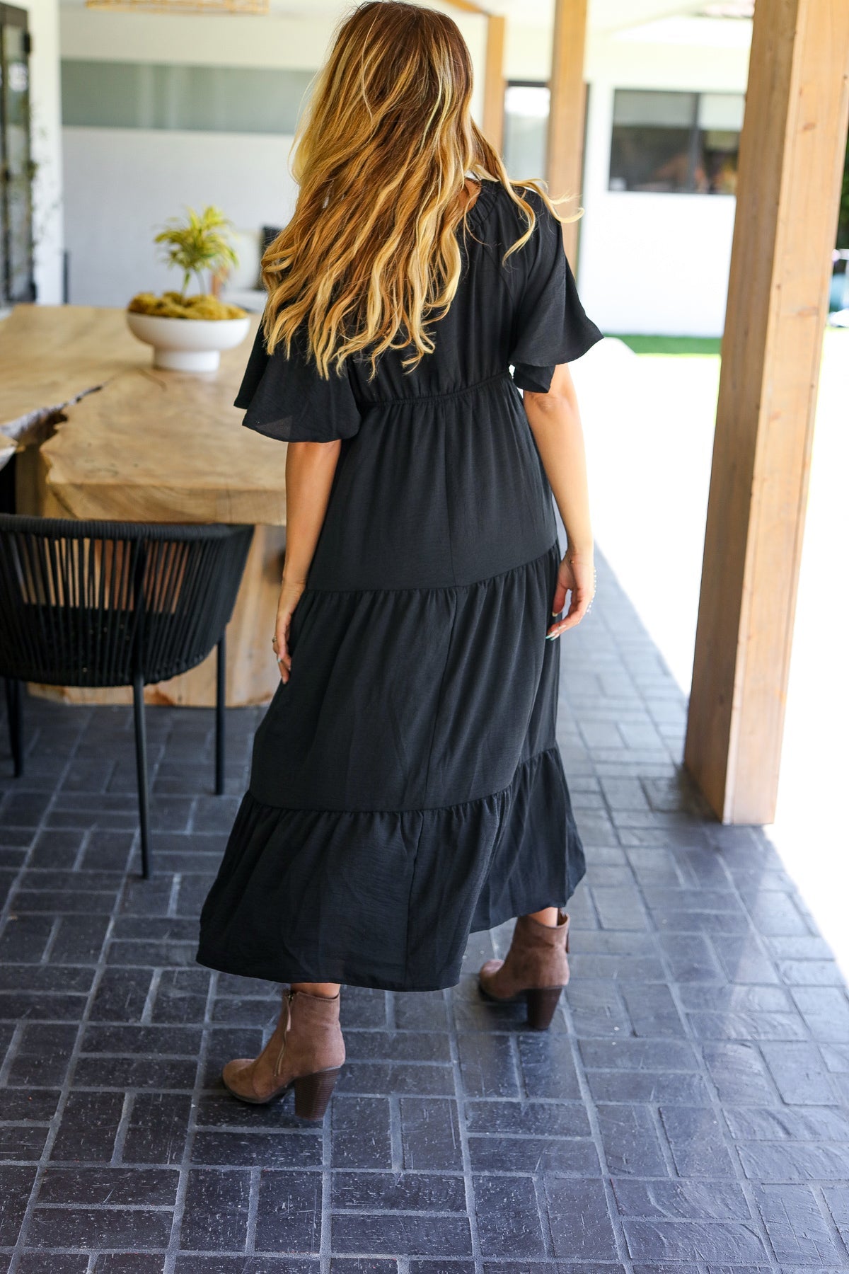 Black Elastic V Neck Tiered Maxi Dress