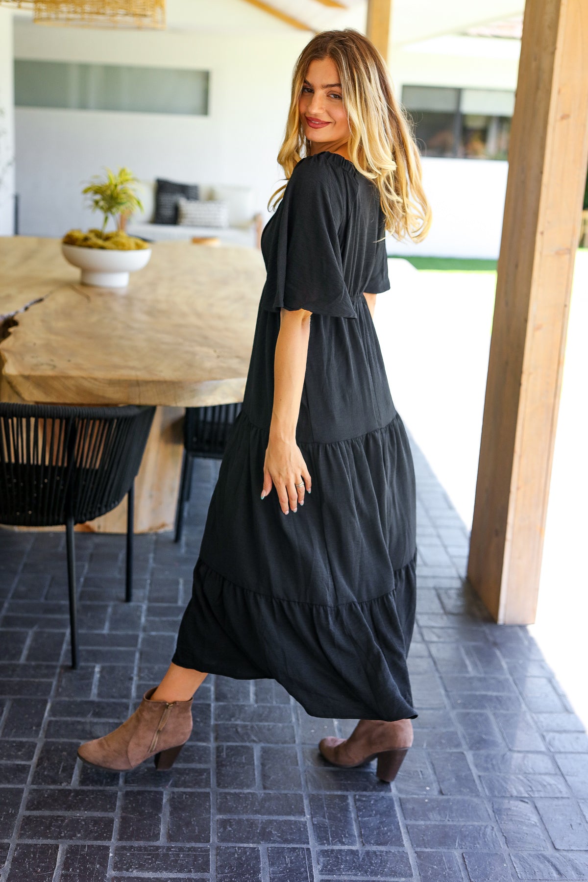 Black Elastic V Neck Tiered Maxi Dress