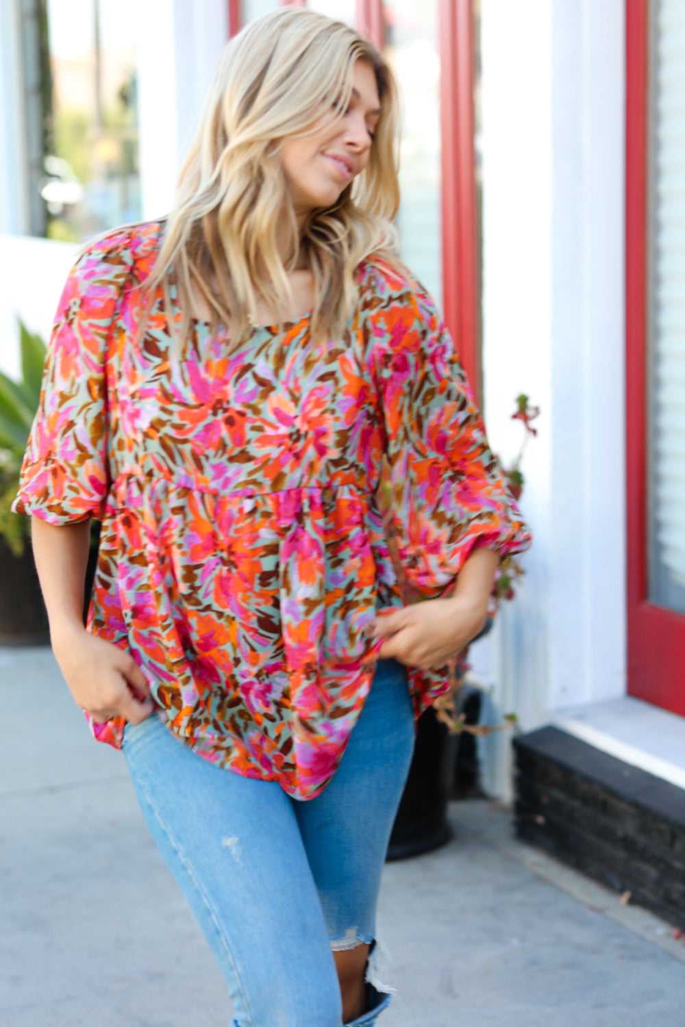 Coral Floral 3/4 Sleeve Babydoll Blouse Top