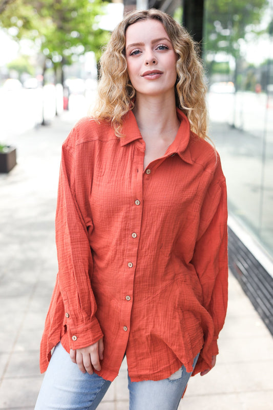 Rust Button Down Sharkbite Cotton Tunic Shirt