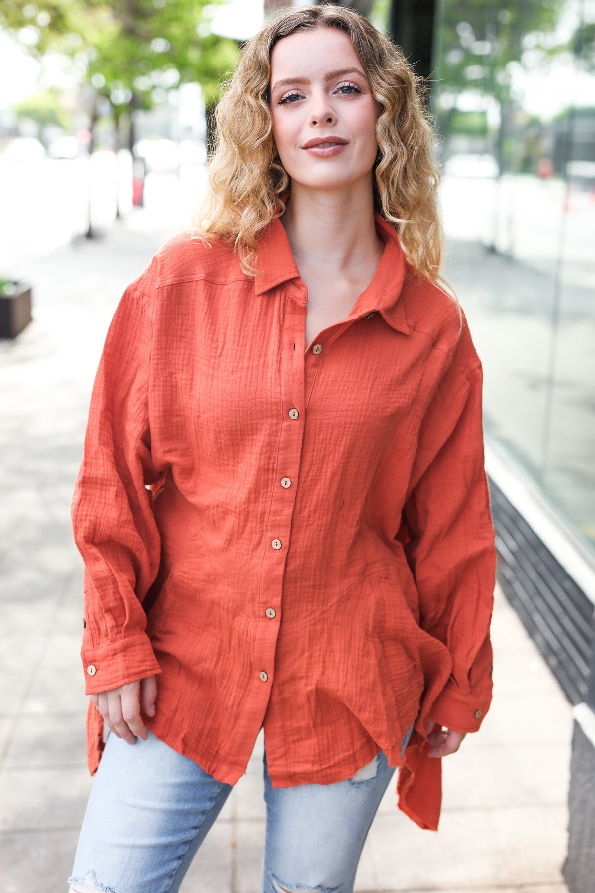 Rust Button Down Sharkbite Cotton Tunic Shirt