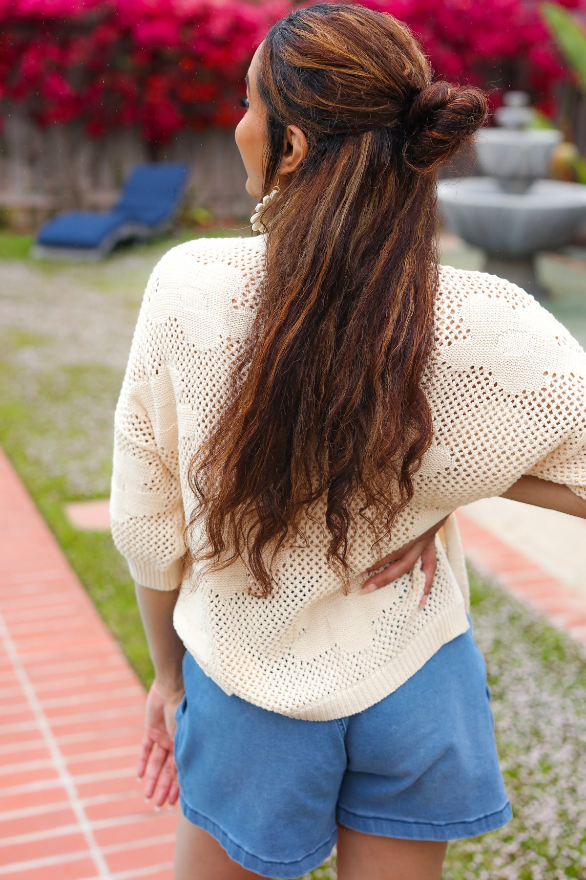 Oatmeal Floral Netted Crochet 3/4 Sleeve Sweater Top