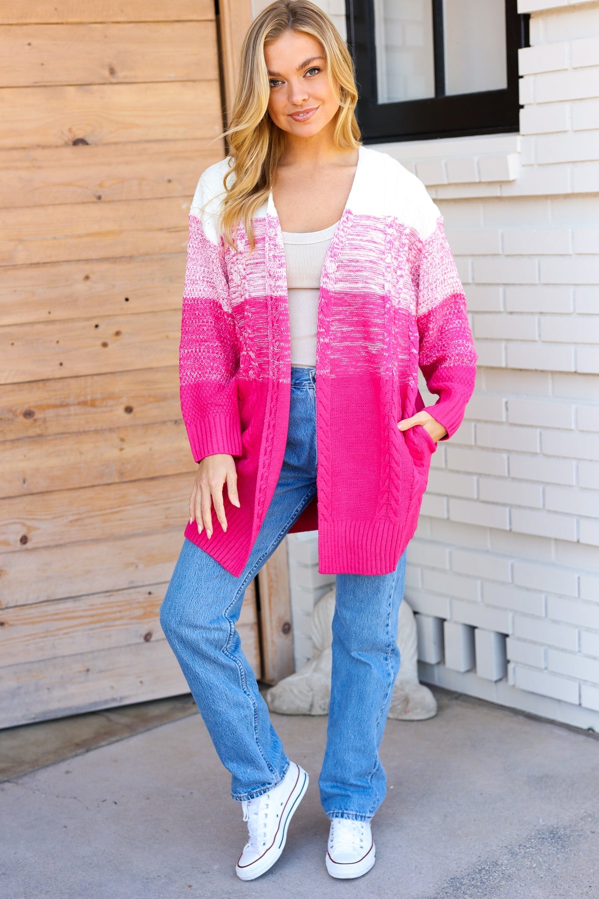 Fuchsia Ombre Cable Knit Cardigan