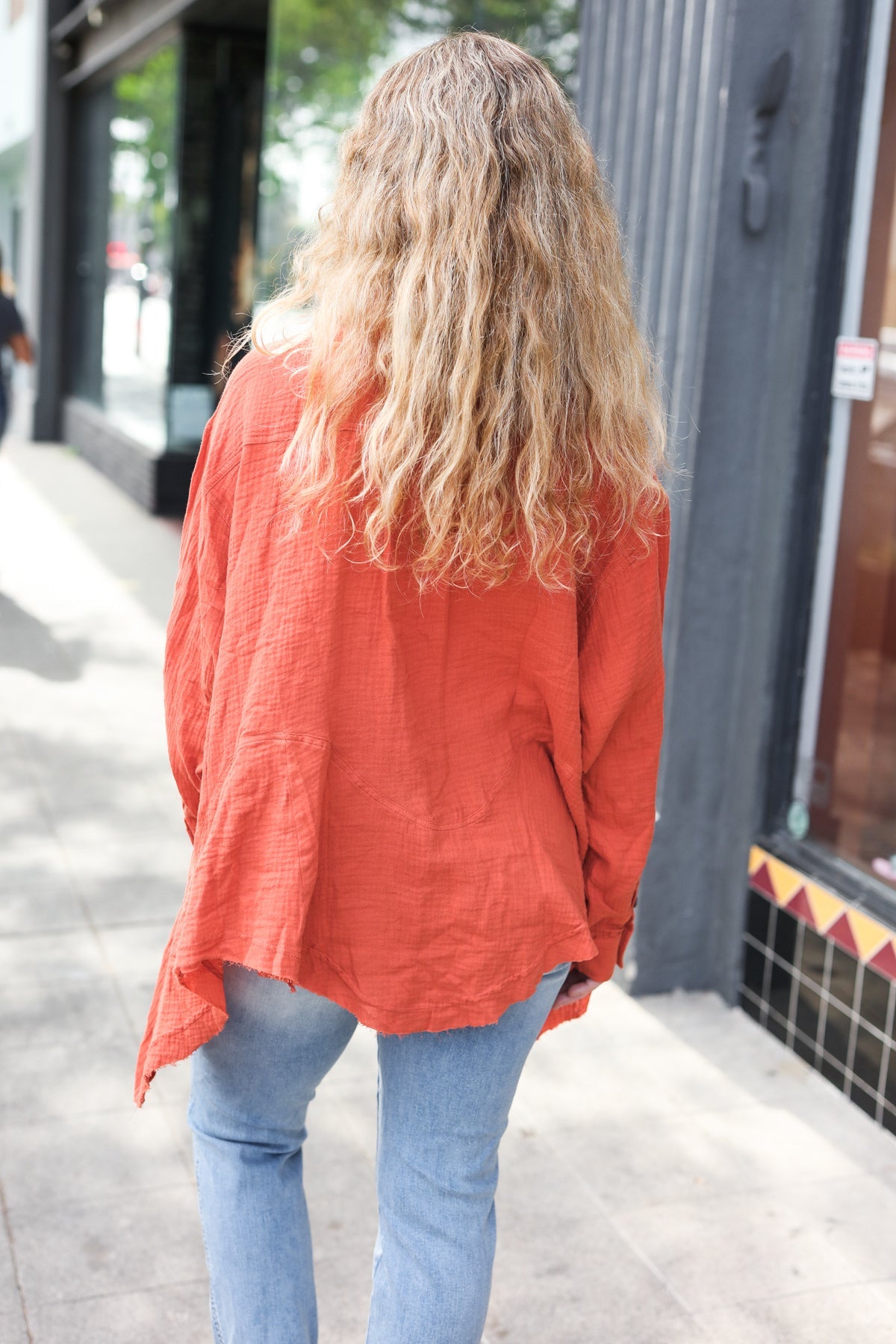 Rust Button Down Sharkbite Cotton Tunic Shirt