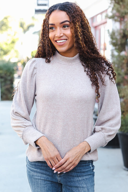 Taupe Brushed Melange Puff Sleeve Sweater