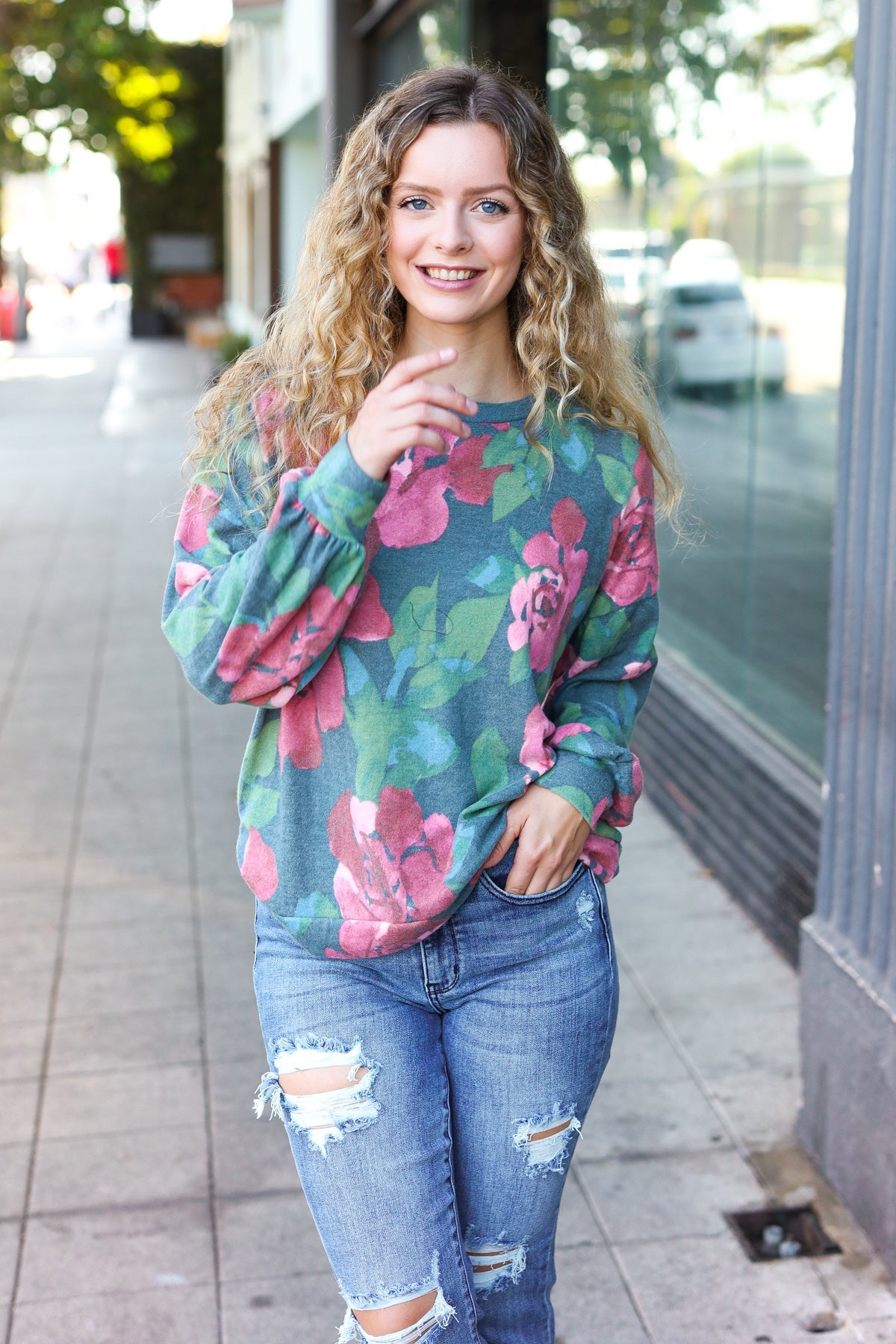 Hunter Green Floral Brushed Hacci Sweater Top