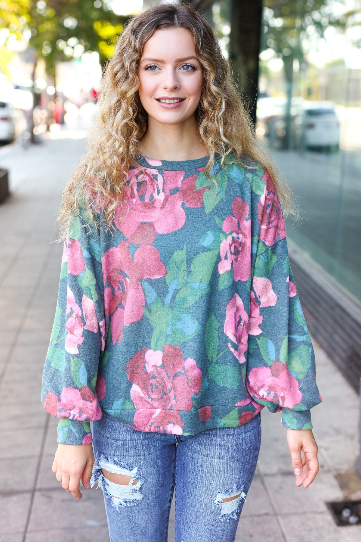 Hunter Green Floral Brushed Hacci Sweater Top