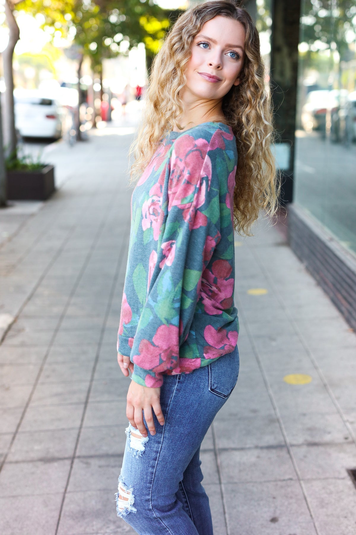 Hunter Green Floral Brushed Hacci Sweater Top