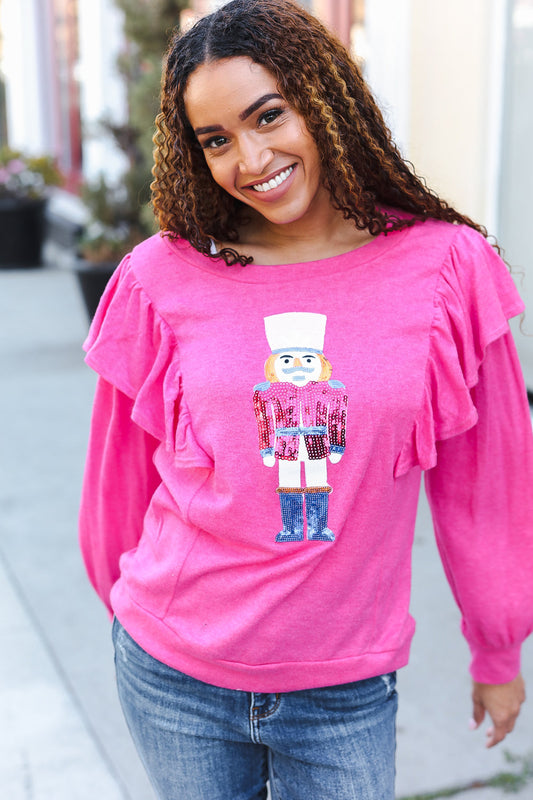 Hot Pink Sequin Nutcracker Ruffle Hacci Sweater