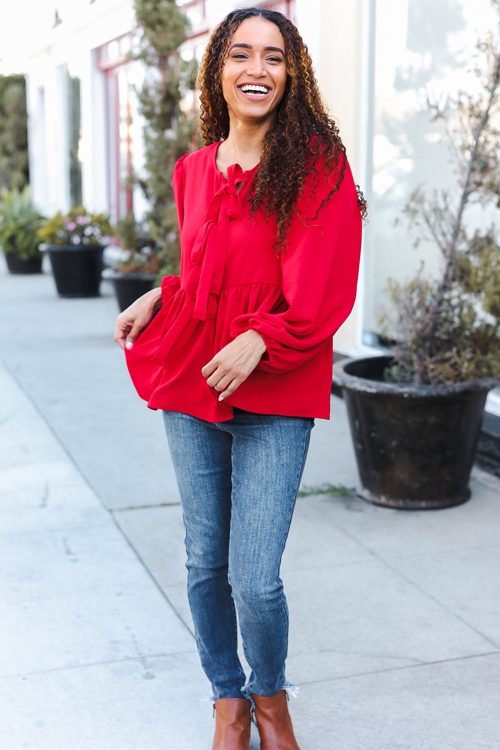 Red Ribbon Bow Tie Babydoll Woven Top