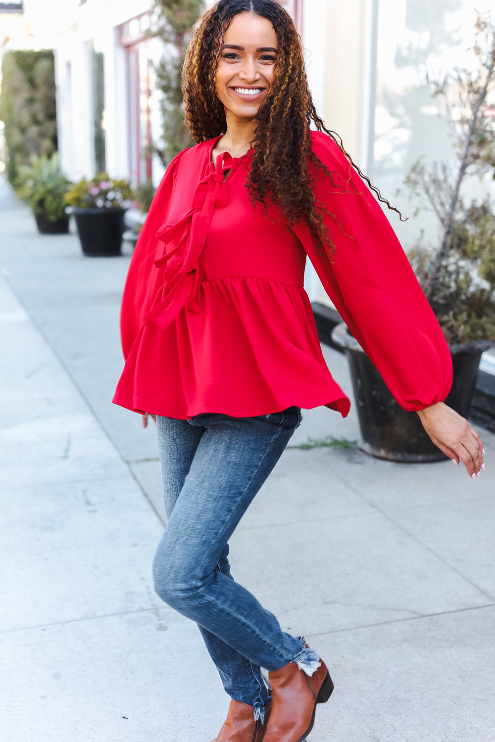 Red Ribbon Bow Tie Babydoll Woven Top