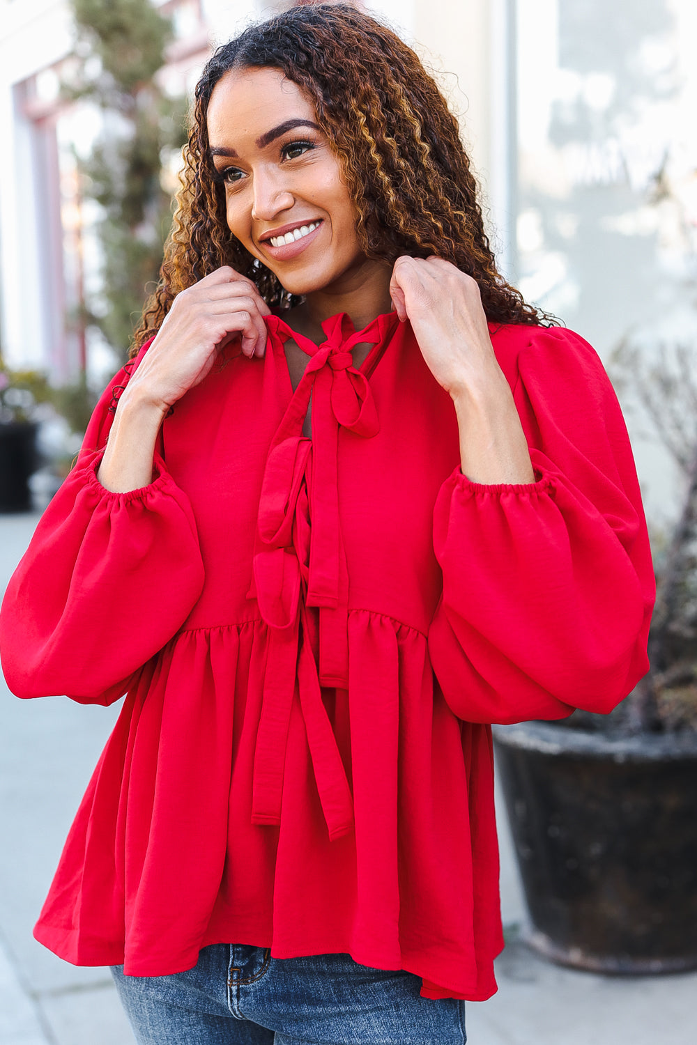 Red Ribbon Bow Tie Babydoll Woven Top