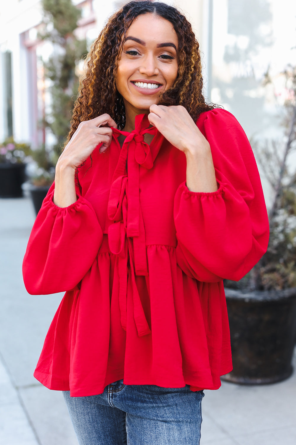 Red Ribbon Bow Tie Babydoll Woven Top