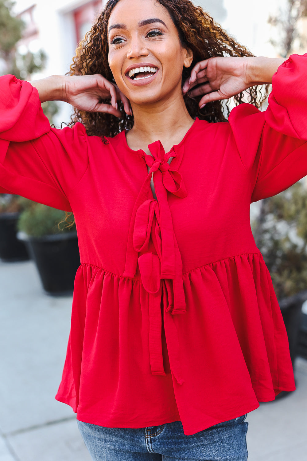 Red Ribbon Bow Tie Babydoll Woven Top